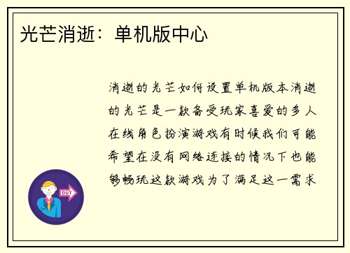 光芒消逝：单机版中心